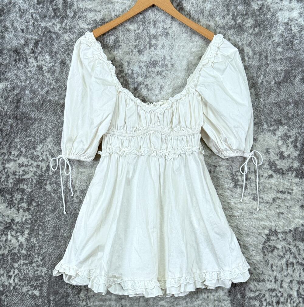 For Love & Lemons Dress Small Womens White Eyelet Trim Smocked Baby Doll Fairy